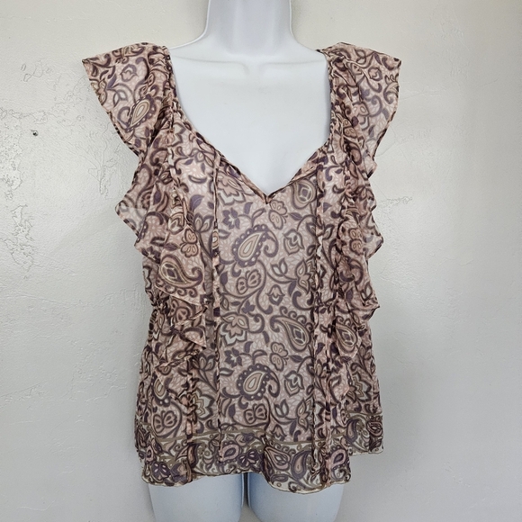 American Eagle Women's Small Pink Purple Taupe Paisley Chiffon Blouse Top Boho - Picture 1 of 7